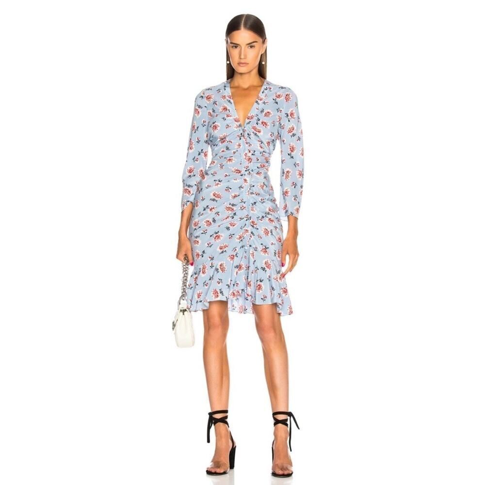 Veronica Beard Rowe 100% Silk Blue Floral Ruched V-Neck Mini Dress Size 2